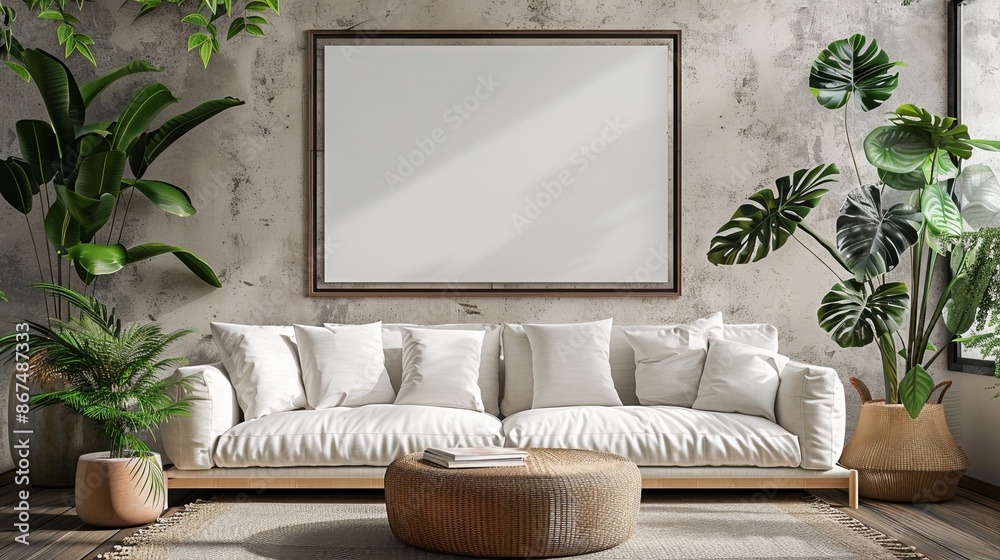 Poster frame mock-up in home interior background with modern sofa and decor in living room Poster frame mock-up in home interior background with modern sofa and decor in living room