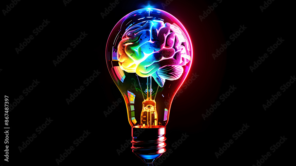 A glowing light bulb with a colorful brain inside A glowing light bulb with a colorful brain inside