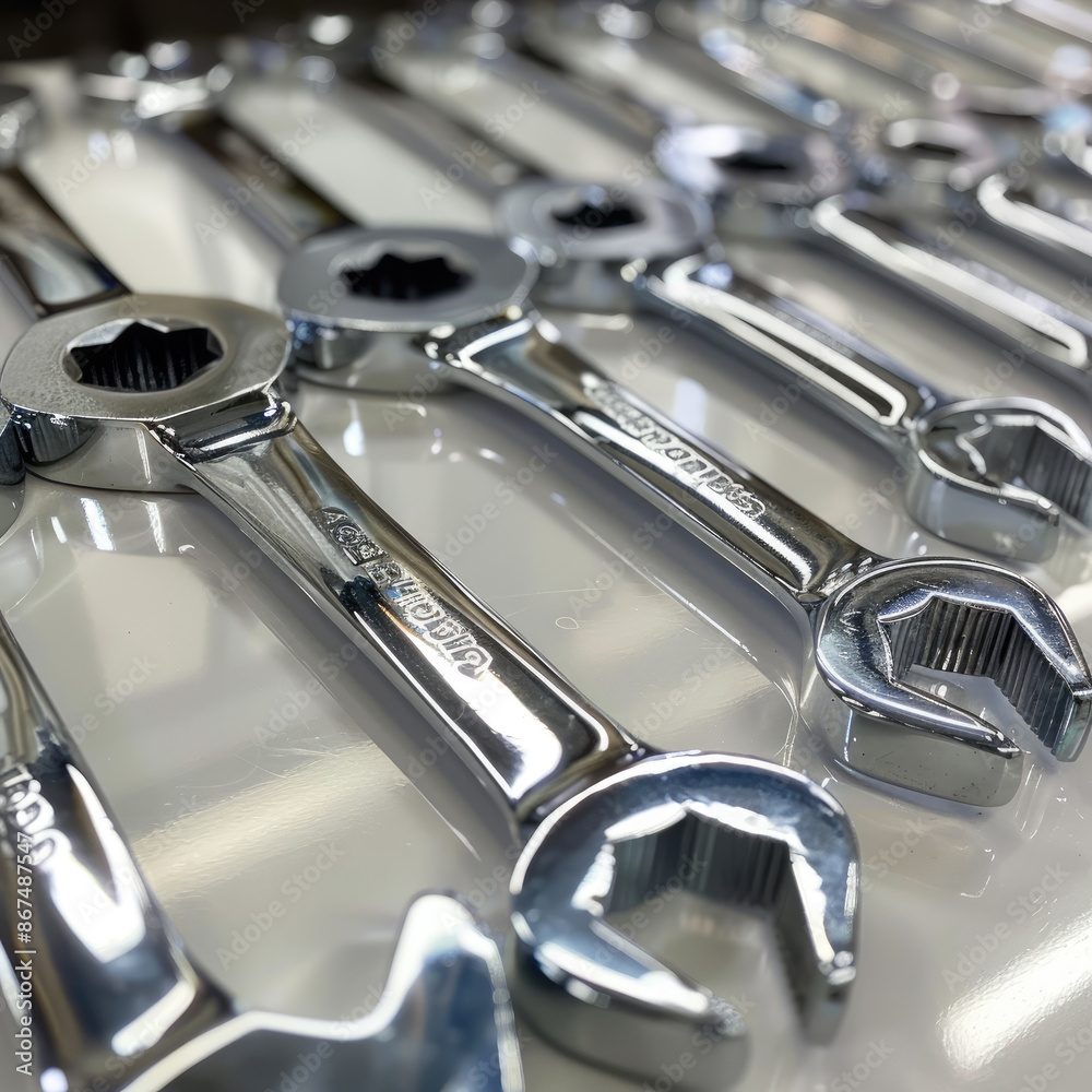 Set of chrome wrenches or spanners and hexagon socket on dark table in workshop Set of chrome wrenches or spanners and hexagon socket on dark table in workshop