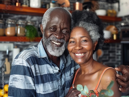 A happy senior couple hugs in their kitchen, ideal for wallpaper or background imagery photo