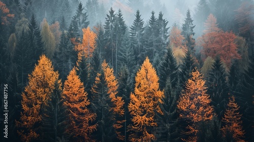 Mysterious autumnal forest with a range of orange and green foliage providing a perfect wallpaper and background