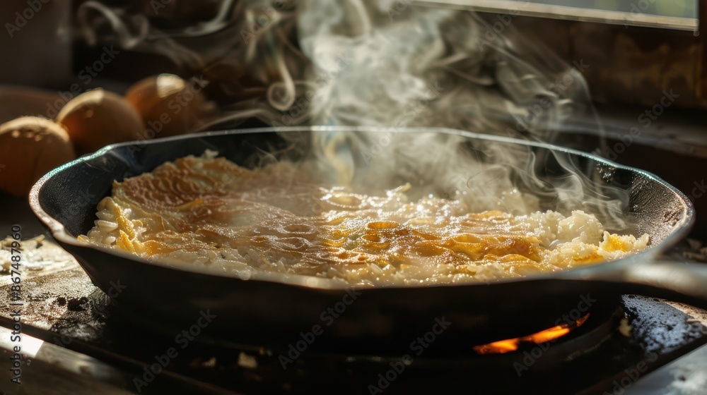 'Kanom Krok,' Thai coconut rice pancake, sizzling in a cast-iron pan with steam rising, capturing the texture and aroma 'Kanom Krok,' Thai coconut rice pancake, sizzling in a cast-iron pan with steam rising, capturing the texture and aroma