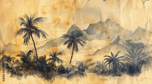 Vintage Watercolor Illustration of Tropical Palm Trees and Mountains