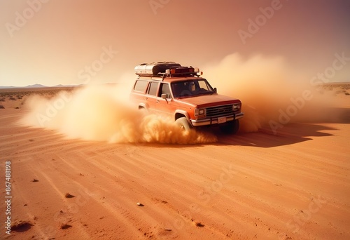 Orange offroad 4x4 vehicle running in a sand desert with dust, drifting, orange sky