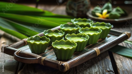 'Khanom Khrok Bai Toey,' Thai pandan custard cups, vibrant green color, served on a traditional wooden tray with fresh pandan leaves photo