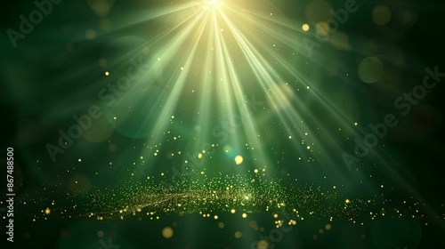 A glowing golden light shines on the dark green background, abstract and magical effect with rays of sunbeams for St Patrick's Day celebration or other events. photo