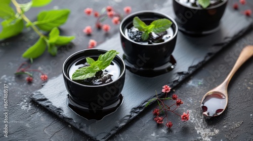 'Khanom Piak Poon,' Thai black jelly dessert made from rice flour and coconut milk, served in small cups with a traditional Thai spoon photo