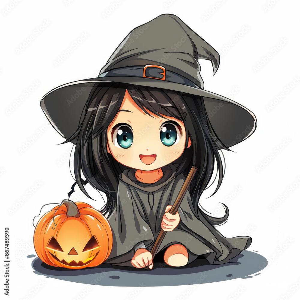 Cute anime chibi witch character wielding a magical pumpkin wand. Cute anime chibi witch character wielding a magical pumpkin wand.