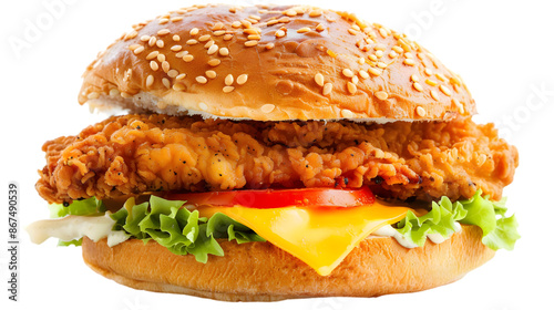  A chicken schnitzel sandwich with melted cheese, lettuce, and tomato on a sesame bun, presented on a transparent background 