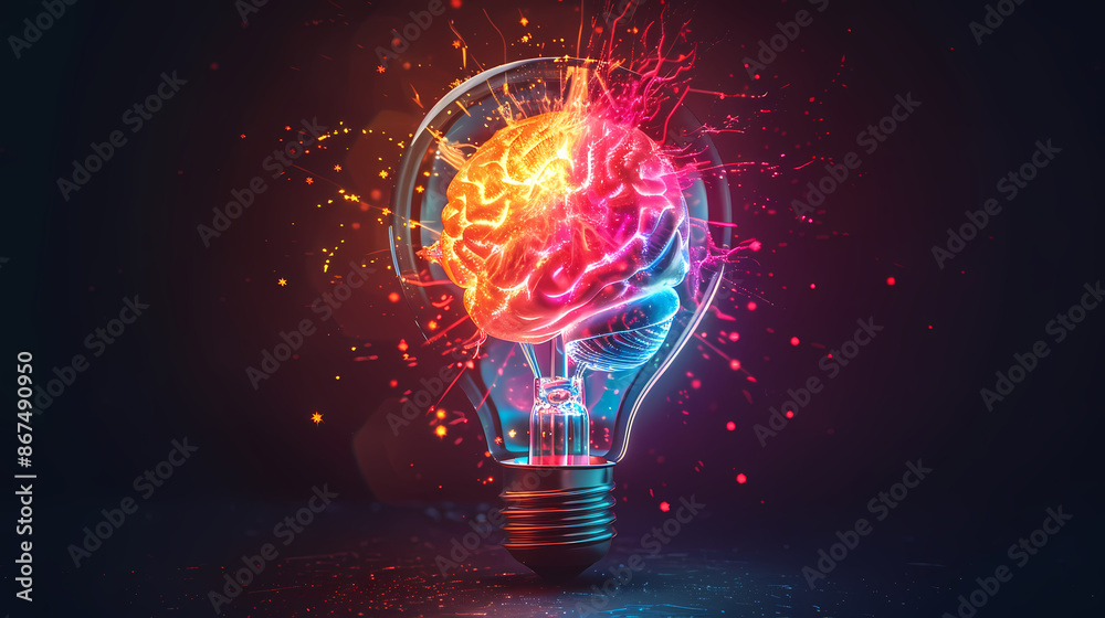 A glowing light bulb with a colorful brain inside A glowing light bulb with a colorful brain inside