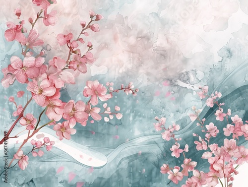 This artistic watercolor and ink cherry blossom design is ideal for a calming wallpaper or elegant background photo