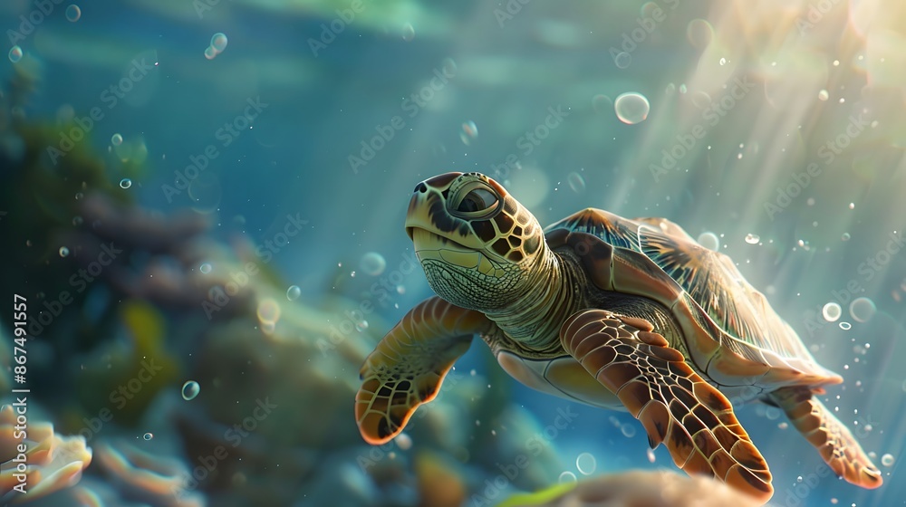Fototapeta premium Cute sea turtle cartoon isolated on white background. 