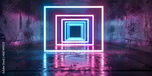 Neon square frame on black background with blue and pink lights. Concept Neon Lights, Square Frame, Black Background, Blue Lights, Pink Lights © Anastasiia