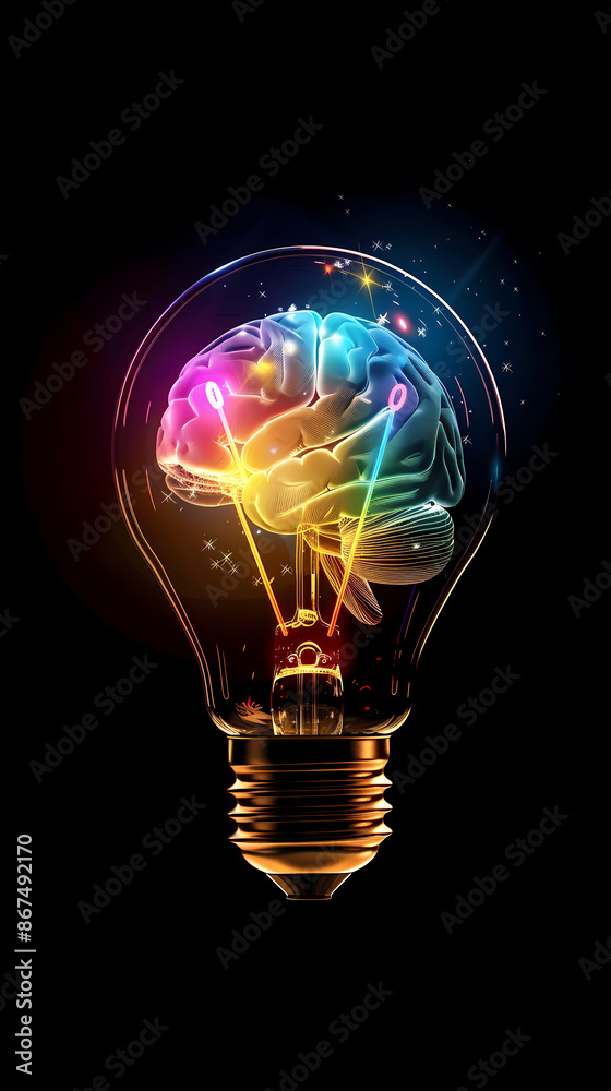 A glowing light bulb with a colorful brain inside A glowing light bulb with a colorful brain inside