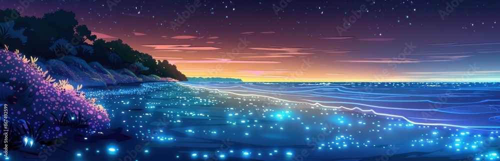Fototapeta premium Bioluminescent Bay at Sunset. Magical Ocean Scene with Glowing Plankton and Twilight Sky