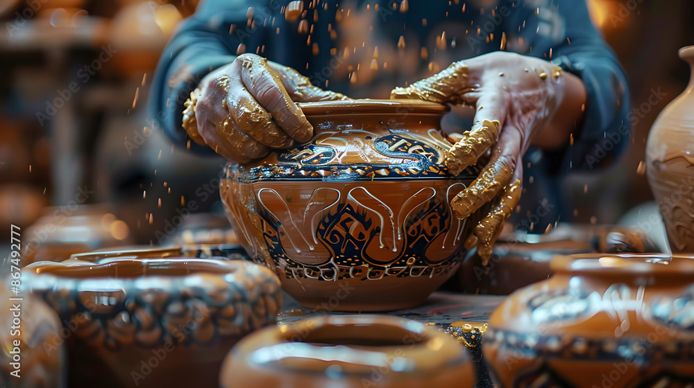 Fototapeta premium View the intricately shaped, molded, and painted handmade pottery from a side perspective, showcasing the artisans' mastery