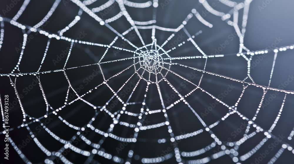 Fototapeta premium Spider web glistening with dew drops, creating a delicate and symmetrical pattern against a dark background.