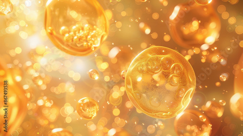 Abstract scientific background showing glowing cells or molecules under microscope, biotechnology and molecular biology research visualization, golden bio-science texture