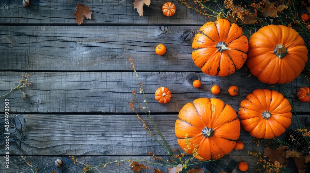 autumn pumpkins and fall decor on a rustic wood background with copy space