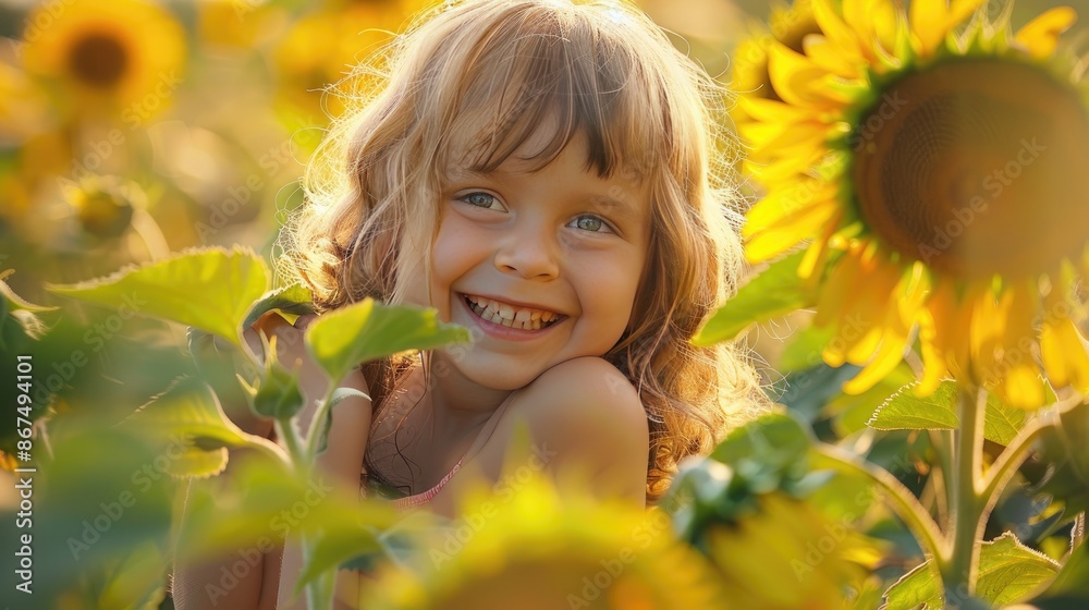 Child girl with a mischievous smile, playing hide-and-seek behind a sunflower in a blooming field, showcasing the joy of discovery in nature's embrace Child girl with a mischievous smile, playing hide-and-seek behind a sunflower in a blooming field, showcasing the joy of discovery in nature's embrace