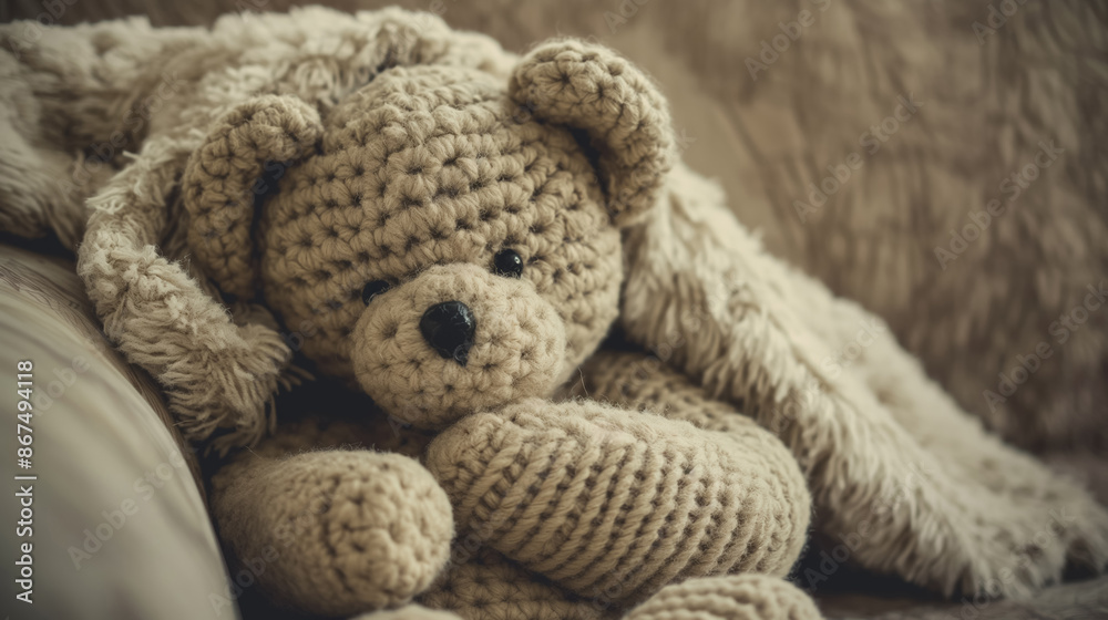 Cozy, knitted teddy bear nestled in a soft, fluffy blanket, creating a warm and comforting scene. Cozy, knitted teddy bear nestled in a soft, fluffy blanket, creating a warm and comforting scene.