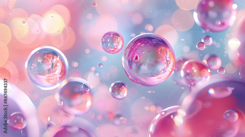 Macro Close-Up of Glowing Pink and Blue Bubbles in a Soft Focus Liquid Environment with Pastel Bokeh Effect - Ai Generative Macro Close-Up of Glowing Pink and Blue Bubbles in a Soft Focus Liquid Environment with Pastel Bokeh Effect - Ai Generative