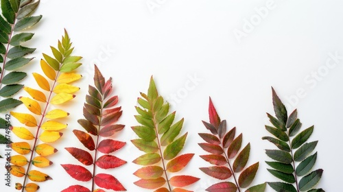Leaves of smooth sumac in red green and yellow against a white backdrop representing autumn with room for text