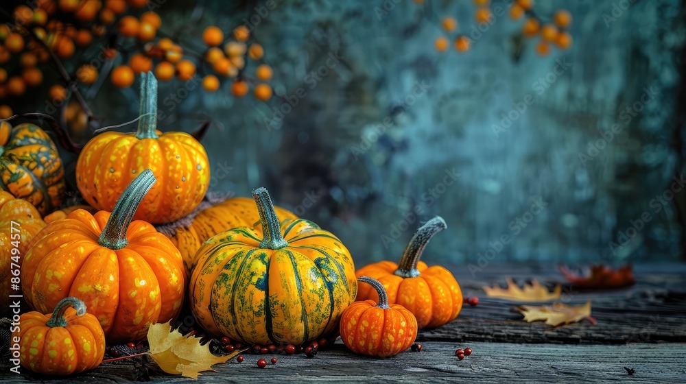 autumn pumpkins and fall decor on a rustic wood background with copy space autumn pumpkins and fall decor on a rustic wood background with copy space