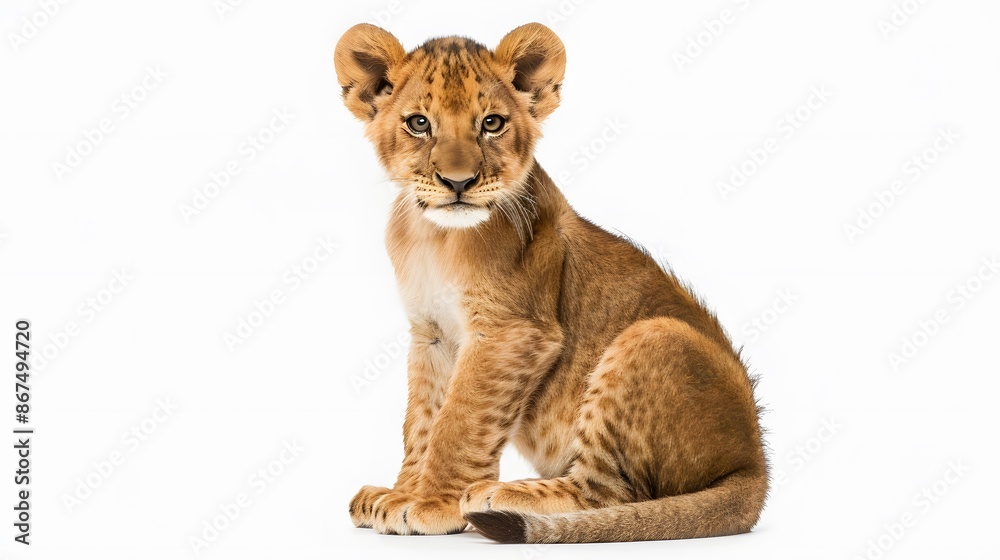 Fototapeta premium Cute lion sitting isolated on white background.