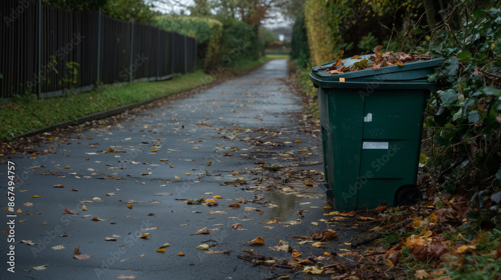 Fototapeta premium Green garbage bin on a deserted, leaf-strewn road in an urban setting, evoking a sense of neglect and solitude.