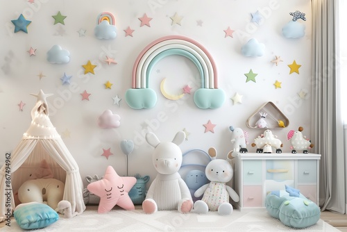 A visually cheerful children's room filled with plush toys and a pastel rainbow creates a perfect wallpaper or background for family content