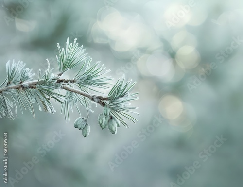  Icy Pine Branch: Close-up Frost on Needles photo