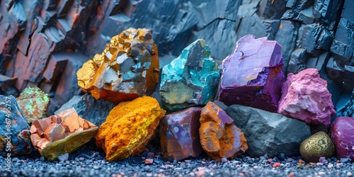 Crystalline uranium ore deposits radioactive nuggets various precious minerals with unique textures. Concept Uranium Ore Deposits, Radioactive Nuggets, Precious Minerals, Unique Textures