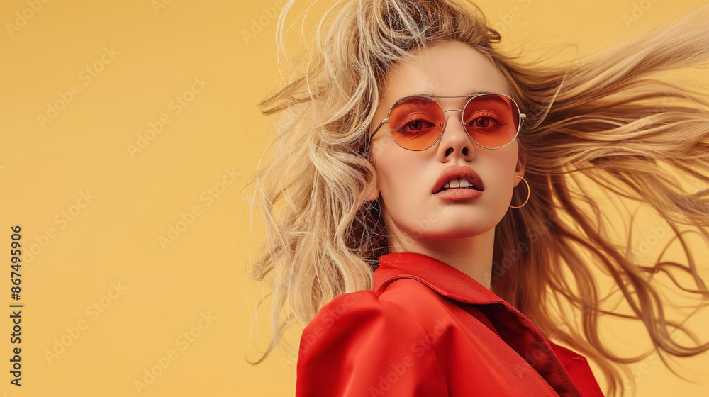 Fashionable woman with blonde hair, wearing red sunglasses and a red jacket, against a vibrant yellow background. Fashionable woman with blonde hair, wearing red sunglasses and a red jacket, against a vibrant yellow background.