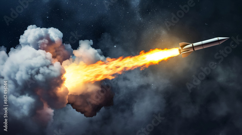 Rocket launching into space, leaving a trail of fire and smoke against a starry night sky, symbolizing exploration and technology.