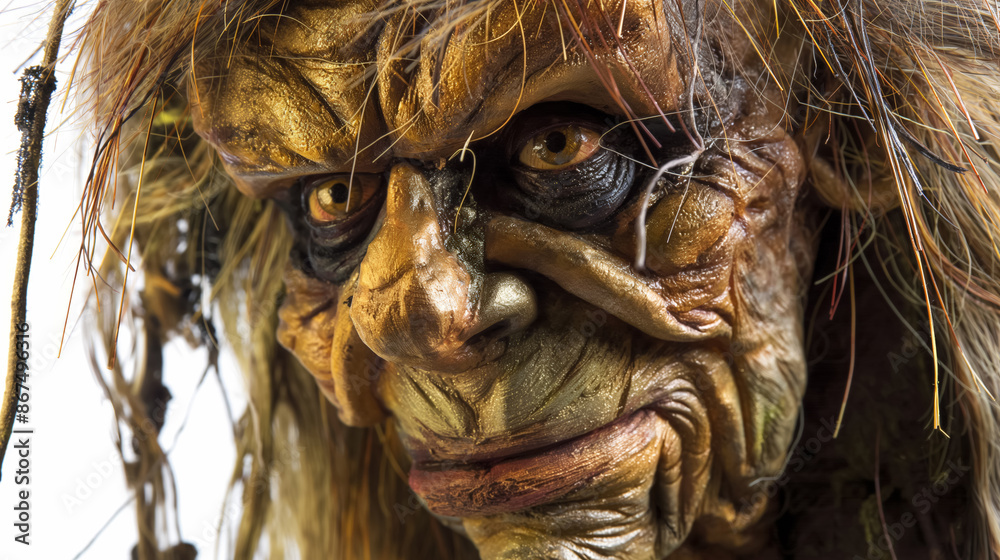 Close-up of a mythical creature with detailed, menacing features, including golden skin and wild hair. Close-up of a mythical creature with detailed, menacing features, including golden skin and wild hair.