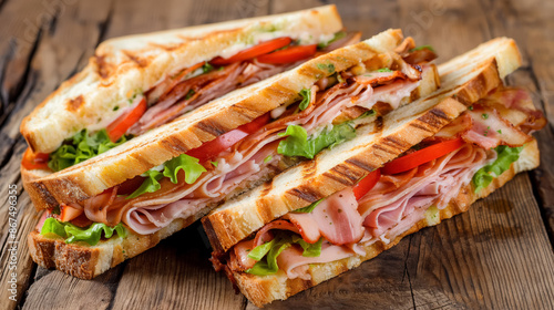 Wallpaper Mural Ham and vegetable sandwiches on toasted bread, stacked on a wooden table, showcasing fresh ingredients. Torontodigital.ca