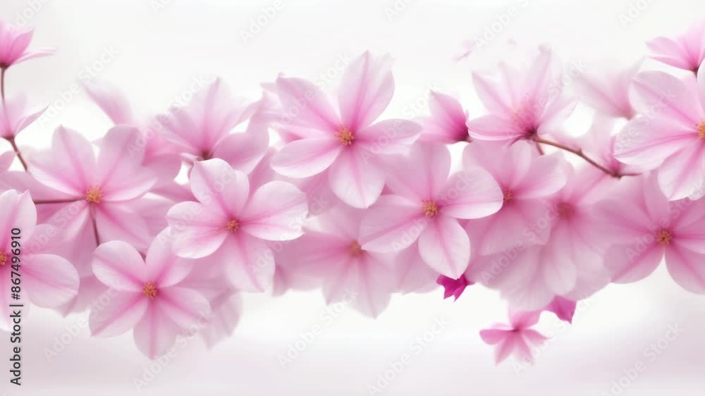 Cherry Blossoms in Bloom: Delicate Pink Flowers and Falling Petals isolated on a Soft White Background. Spring, Nature, Beauty Concept. Cherry Blossoms in Bloom: Delicate Pink Flowers and Falling Petals isolated on a Soft White Background. Spring, Nature, Beauty Concept.