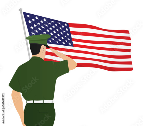 Soldier saluting USA flag. vector
