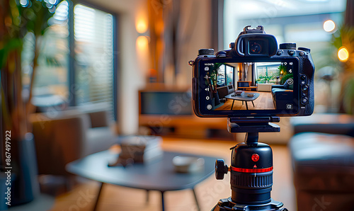 A camera on a tripod is pointed at a living room interior, capturing a glimpse of the homes design