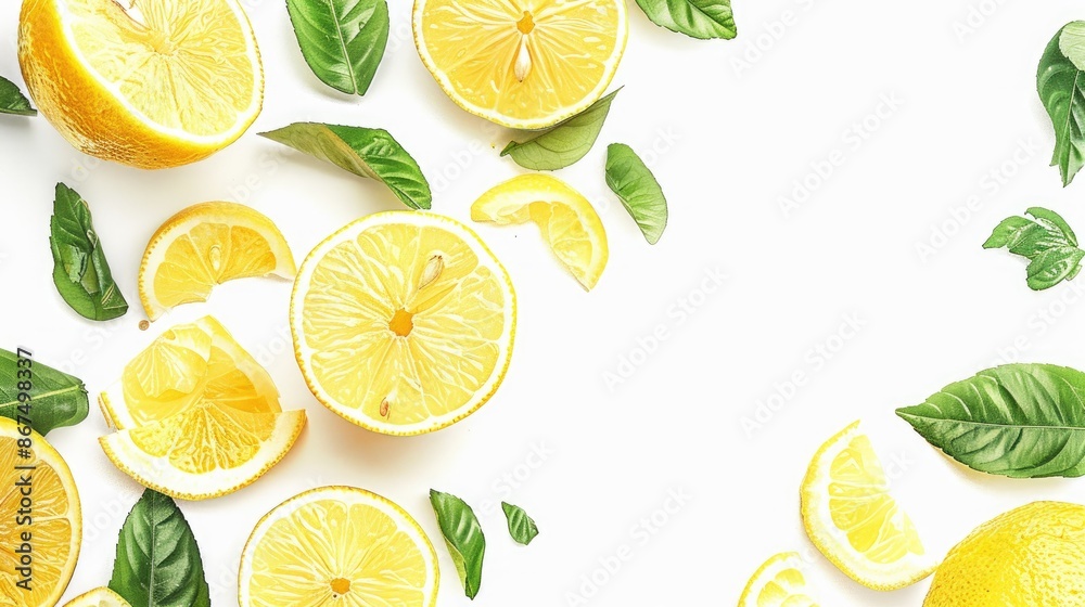 Isolated white background with fresh lemon and lemon slices Isolated white background with fresh lemon and lemon slices
