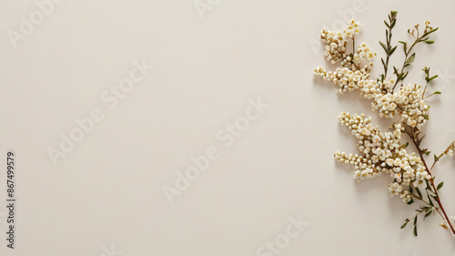 Geometric empty background for product presentation and spring flowering tree branch with flowers 