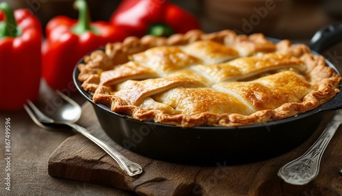Golden brown crust, freshly baked, delicious pie on wooden table with iron frying pan containing the food. Fork & spoon nearby. Red peppers in background for color.
