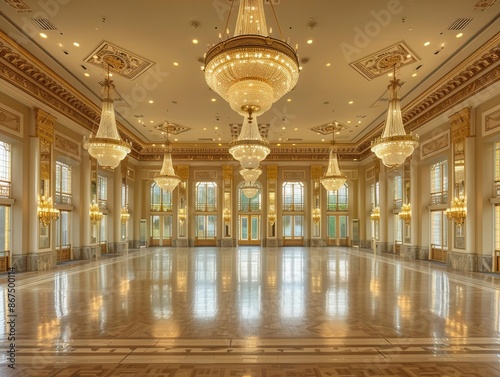 opulent art decoinspired ballroom with soaring ceilings crystal chandeliers and intricate gold leaf details mirrored walls and a polished dance floor reflect the grandeur of a bygone era photo