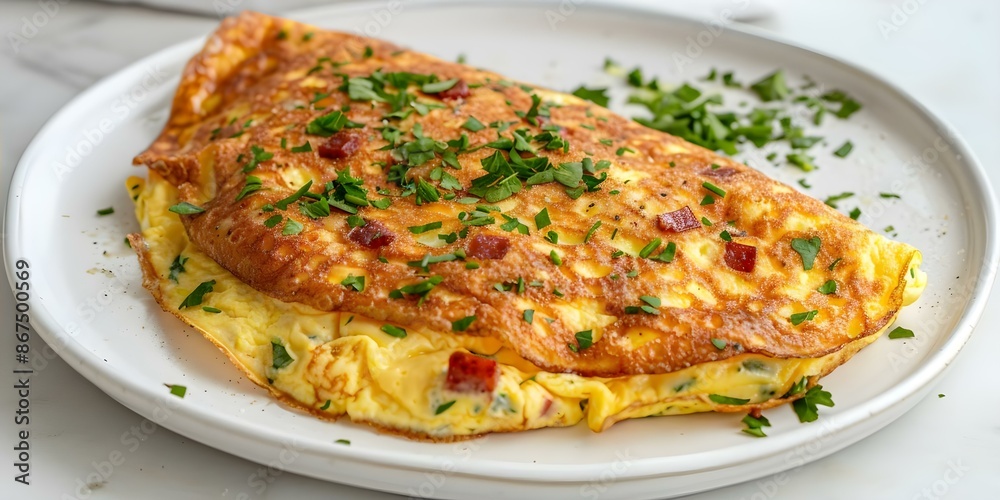 Chorizo omelette with herbs on a white plate. Concept Food Photography, Breakfast Recipes, Homemade Dishes, Culinary Creations Chorizo omelette with herbs on a white plate. Concept Food Photography, Breakfast Recipes, Homemade Dishes, Culinary Creations
