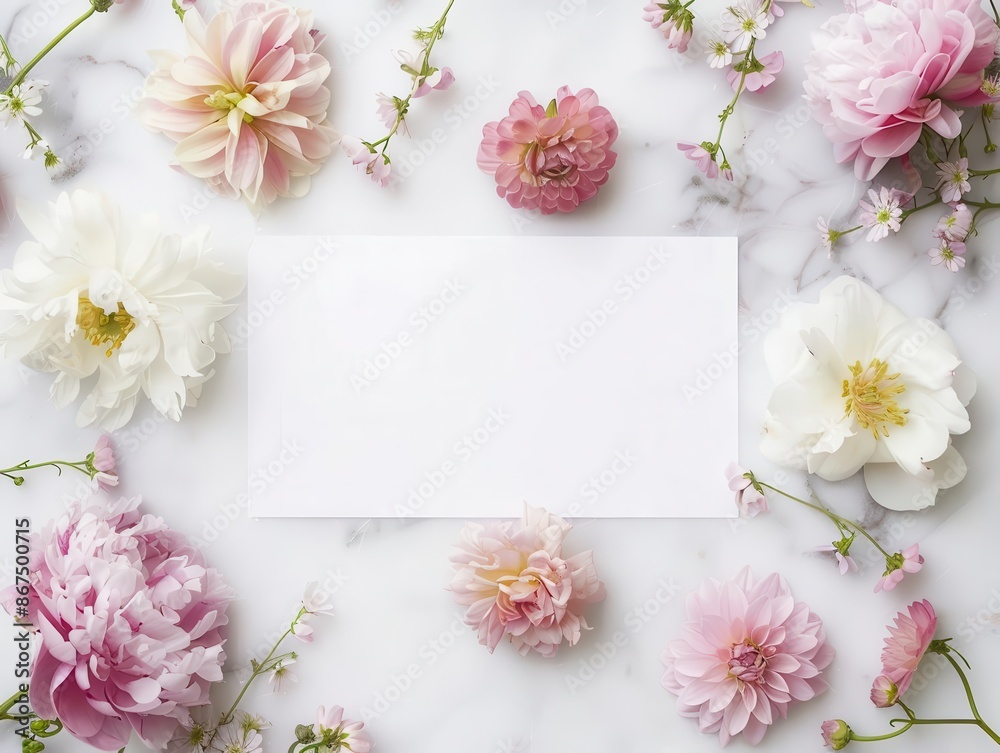 overhead view of elegant floral arrangement framing blank card on white marble soft pastel blooms in various stages of opening create a romantic organic border overhead view of elegant floral arrangement framing blank card on white marble soft pastel blooms in various stages of opening create a romantic organic border