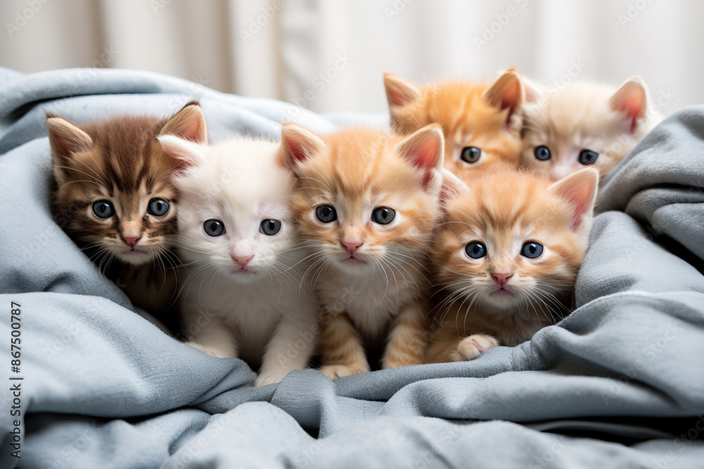 Many Adorable kittens sitting together under cosy blanket. Cute cats Crouching under warm blanket. Many Adorable kittens sitting together under cosy blanket. Cute cats Crouching under warm blanket.