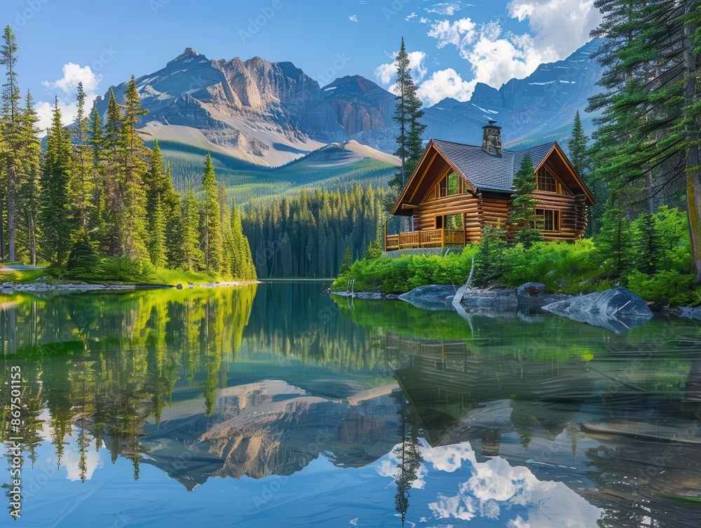 Fototapeta premium picturesque log cabin reflected in serene lake surrounded by lush forest and majestic mountains capturing essence of wilderness retreat