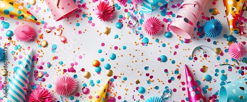 Party Hats, Blowers, And Confetti Streamers On A White Background