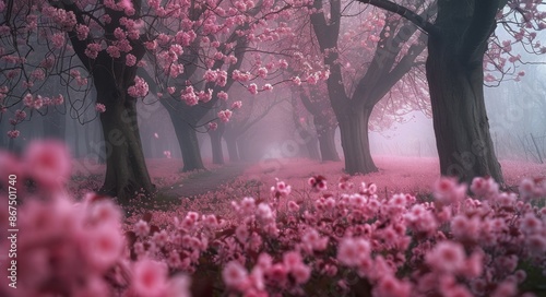 Misty Spring Morning in a Cherry Blossom Forest